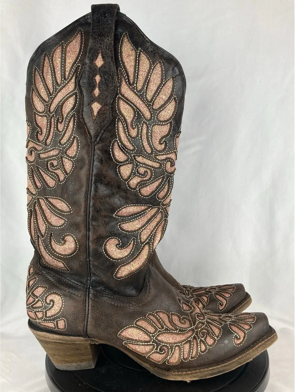 Women’s Size 9 Corral Brown Leather Pink Glitter Wing Inlay Cowboy Boots A3539